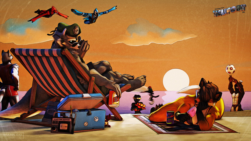 3d_(artwork) absurd_res anthro arm_tuft arthropod avian avian_feet ball beach beach_ball beach_blanket beach_chair beach_towel beak beret beverage_can bird black_body black_feathers black_fur blue_body blue_feathers blue_jay brown_body brown_fur canid canine canis cardinal_(bird) cinder_(huskytheprotogen) claws clothing cooler corvid crab crockett_(huskytheprotogen) crustacean decapoda dessert digital_media_(artwork) epic_games eyewear facial_tuft feathers felid female fennix_(fortnite) flask flying food fortnite fox fur glowing glowing_eyes green_beret grey_body grey_fur group halftone_dots hat headgear headwear hi_res huskytheprotogen ice_cream inflatable inner_ear_fluff jay_(bird) lime_eyes logo lying malacostracan male mammal marine new_world_jay northern_cardinal on_front orange_body orange_fur oscine pantherine passerine petruz_(copyright) popsicle postcard procyonid raccoon radio red_body red_feathers red_fox seaside shoulder_tuft source_filmmaker spycrab sticker stickers sunglasses sunglasses_on_face sunset surfboard swimming_trunks swimwear tam_o'shanter team_fortress_2 topwear towel toy toy_gun tuft valve vest vintage water_gun were werecanid werecanine werewolf white_body white_feathers white_fur wolf wrist_tuft yellow_eyes