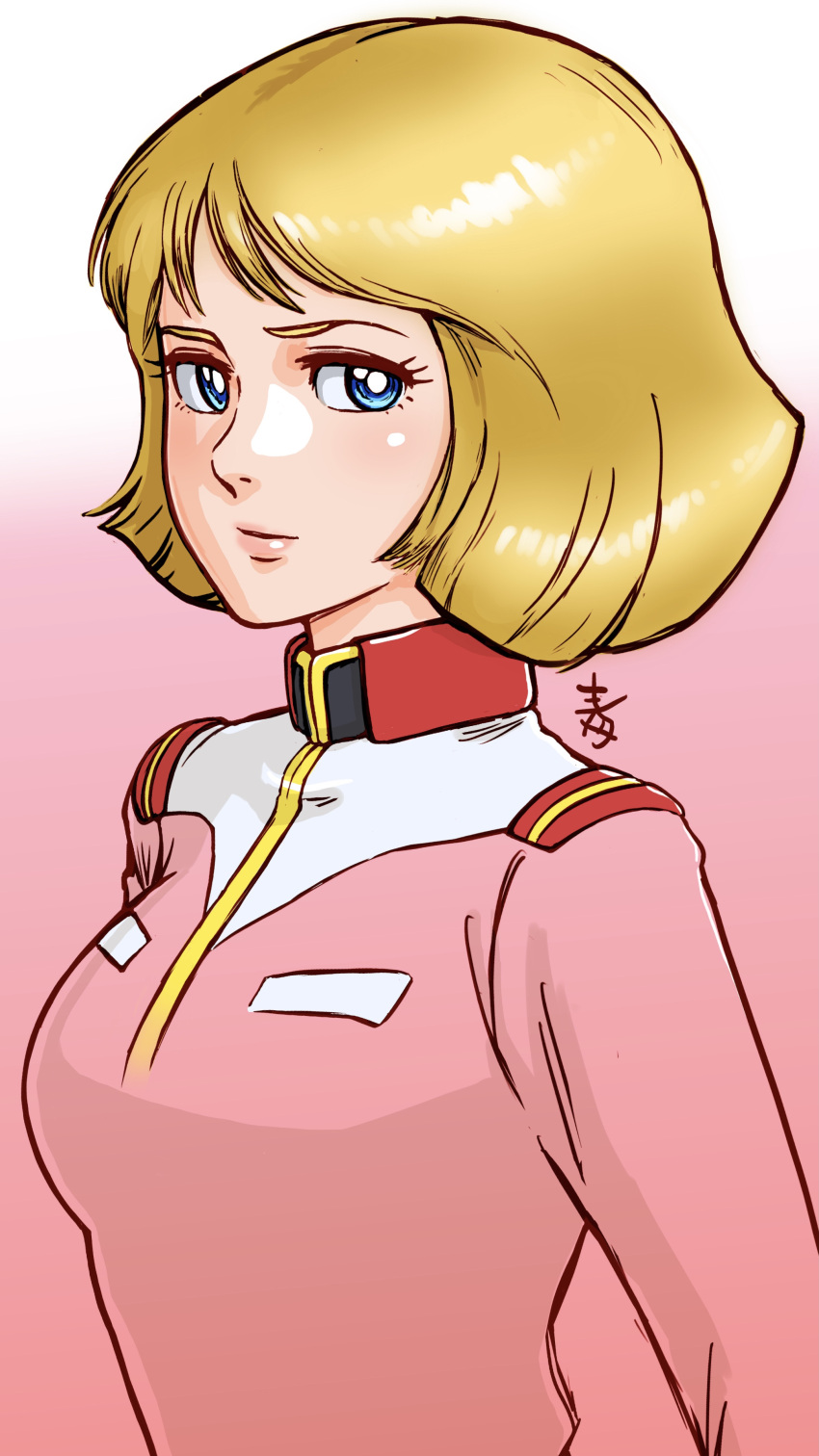1girl absurdres aobito_sukoyaka_bystander blonde_hair blue_eyes breasts closed_mouth collarbone gundam highres lips looking_at_viewer military military_uniform mobile_suit_gundam sayla_mass short_hair solo uniform