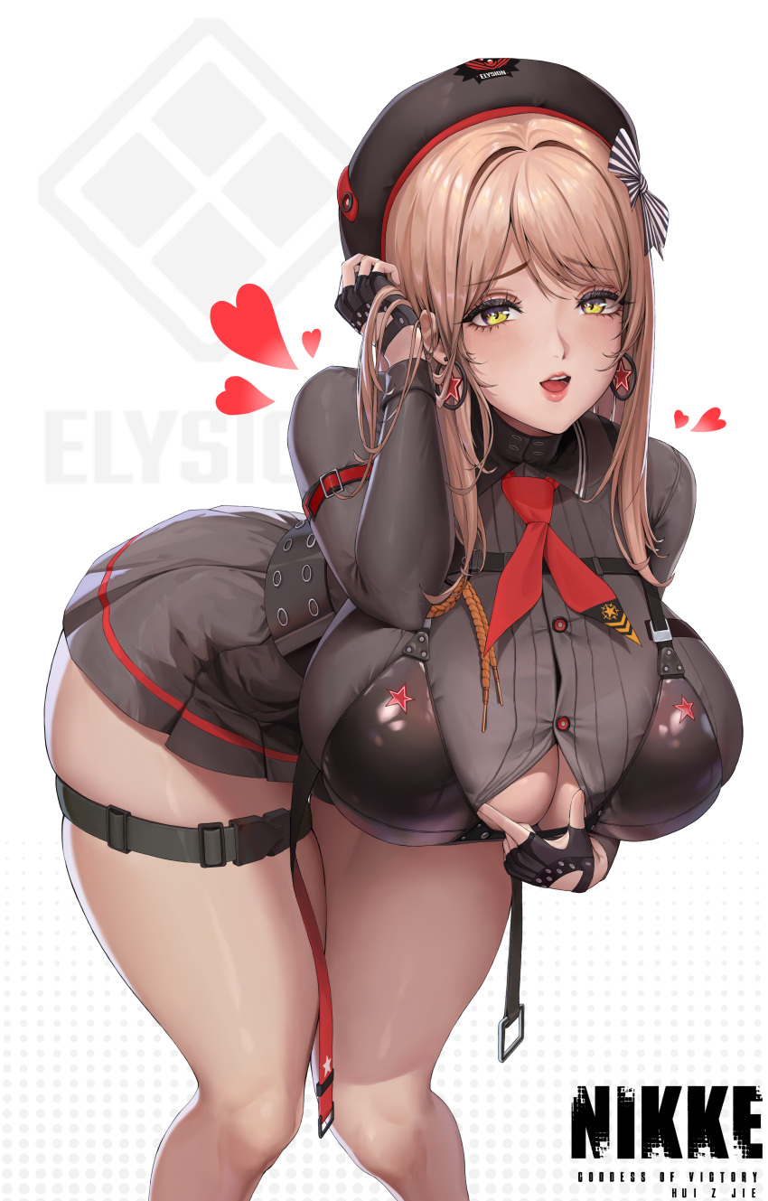 1girl :d absurdres artist_name belt beret black_shirt black_skirt boobplate bow breasts brown_hair chest_harness chinese_commentary cleavage collared_shirt commentary cowboy_shot emma_(nikke) fingerless_gloves gloves goddess_of_victory:_nikke hand_up harness hat heart highres hui_z_jie knees_together_feet_apart large_breasts leaning_forward logo long_hair long_sleeves looking_at_viewer military military_uniform neckerchief open_mouth pantyhose partially_unbuttoned pleated_skirt red_neckerchief shirt sidelocks skindentation skirt smile solo spread_cleavage standing teeth thighband_pantyhose uniform upper_teeth_only utility_belt yellow_eyes