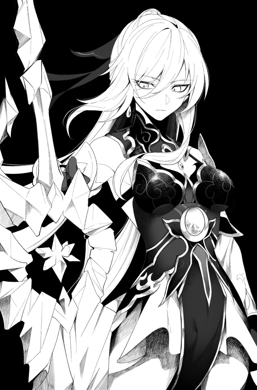 1girl arm_up bare_shoulders black_background crystal_sword detached_sleeves earrings expressionless gloves greyscale hair_ribbon high_ponytail highres holding holding_weapon honkai:_star_rail honkai_(series) jewelry jingliu_(honkai:_star_rail) komino_tasa long_hair looking_down monochrome ribbon single_earring solo standing sword weapon white_hair