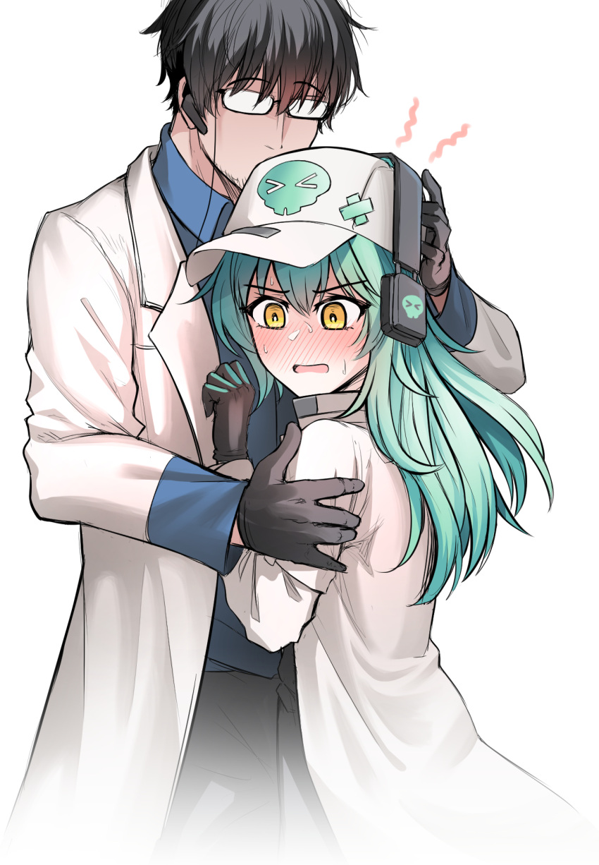 1boy 1girl antonina_(neural_cloud) aqua_hair baseball_cap black_gloves black_hair blue_shirt blush collared_shirt commentary cowboy_shot earpiece english_commentary girls'_frontline girls'_frontline_neural_cloud glasses gloves grabbing_another's_arm hand_on_another's_head hat headphones hetero highres lab_coat long_hair male_professor_(neural_cloud) nervous nervous_sweating open_mouth professor_(neural_cloud) senpaihawkkun shirt short_hair simple_background size_difference skull_print sweat sweatdrop white_background white_headwear yellow_eyes