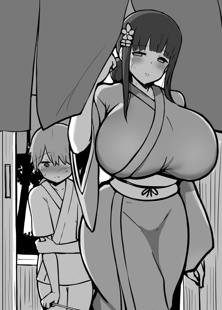 1boy 1girl age_difference blush breasts closed_mouth commentary_request curvy flower hair_flower hair_ornament hanabi_(ocha) highres huge_breasts japanese_clothes kimono long_hair mature_female monochrome obi onee-shota original paid_reward_available sash sidelocks sweat wide_sleeves