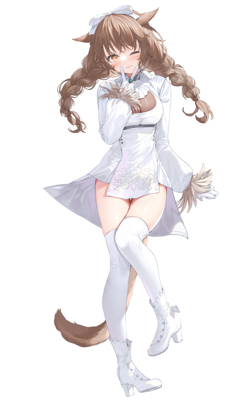 1girl absurdres animal_ears boots bow braid brown_eyes brown_hair closed_mouth dress final_fantasy final_fantasy_xiv full_body gem gloves green_gemstone hair_bow half_gloves highres jewelry long_hair long_sleeves looking_at_viewer miqo'te one_eye_closed ring simple_background smile solo standing tail thighhighs twin_braids v warrior_of_light_(ff14) white_background white_bow white_dress white_footwear white_gloves white_thighhighs yana_mori