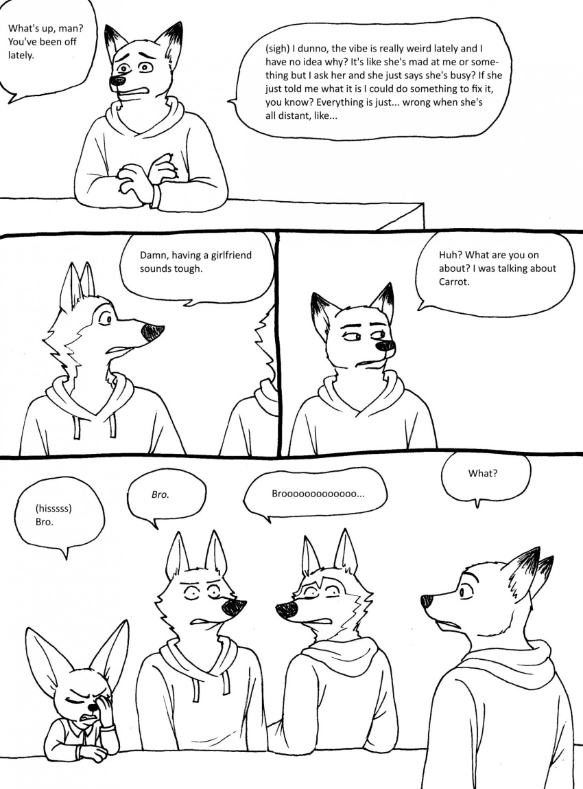 2023 anthro bernielover canid canine canis claws clothed clothing comic dialogue disney english_text facepalm fennec finger_claws finnick_(zootopia) fox fur group hi_res hoodie humanoid_hands male mammal nick_wilde speech_bubble text topwear wolf zootopia