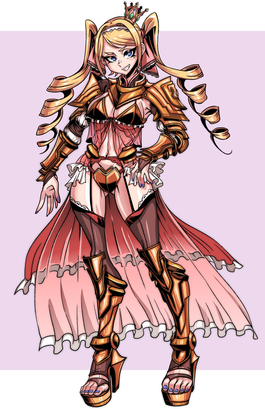 1girl absurdres armor babydoll bikini_armor black_thighhighs blonde_hair blue_eyes breasts cleavage commission crop_top drill_hair full_body ga320aaa gauntlets greaves grin hairband hand_on_own_hip high_heels highres long_hair looking_at_viewer mole mole_under_eye nail_polish navel original pauldrons pixiv_commission purple_nails shoulder_armor smile solo thighhighs toeless_footwear toenail_polish toenails twin_drills