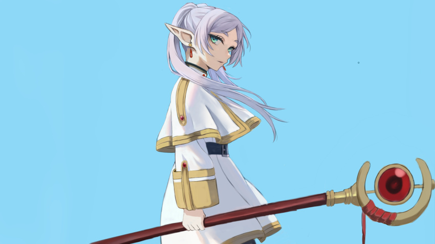 1girl aimu_(angry9565) aqua_eyes belt belt_buckle black_belt blue_background buckle capelet commentary dress earrings elf frieren grey_hair highres holding holding_staff jewelry long_hair long_sleeves mage_staff pointy_ears simple_background solo sousou_no_frieren staff twintails upper_body white_capelet white_dress