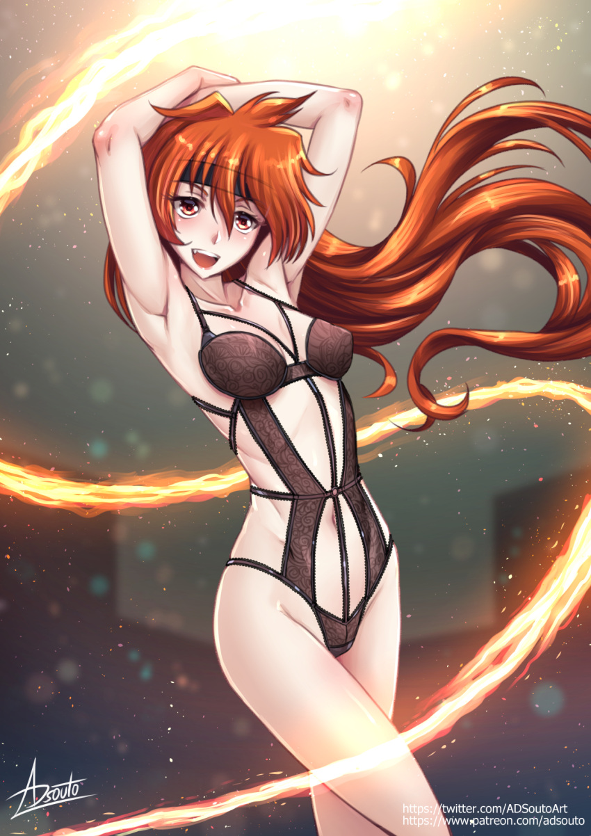 1girl adsouto arms_up black_headband breasts earrings headband highres jewelry lina_inverse lingerie long_hair navel open_mouth orange_hair red_eyes slayers small_breasts solo standing teeth underwear upper_teeth_only very_long_hair