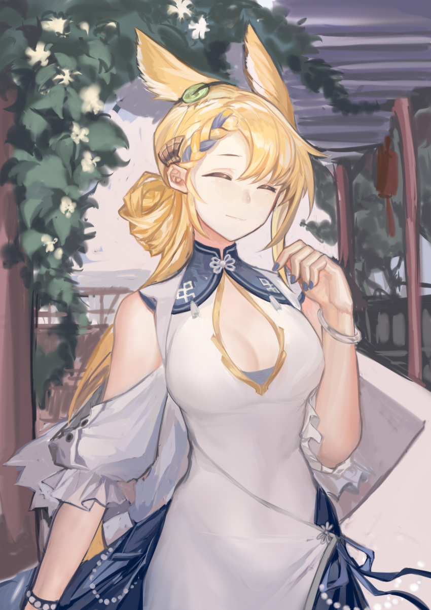 1girl absurdres animal_ears arknights blonde_hair blue_nails bracelet braid breasts china_dress chinese_clothes chinese_commentary cleavage cleavage_cutout closed_eyes closed_mouth clothing_cutout commentary_request detached_sleeves dress facing_viewer fingernails flower hand_up highres jewelry kroos_(arknights) kroos_the_keen_glint_(along_the_corridor)_(arknights) kroos_the_keen_glint_(arknights) large_breasts leaf light_smile lips long_hair nail_polish official_alternate_costume pillar plant rabbit_ears rabbit_girl shenumengyiran sleeveless sleeveless_dress solo very_long_hair white_dress white_flower white_sleeves