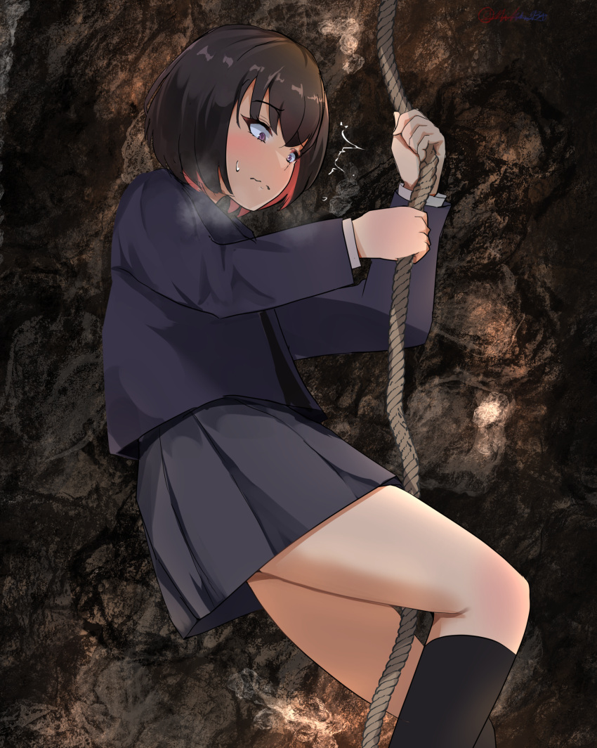 1girl ^^^ artist_name black_hair black_skirt black_socks blue_jacket blush bob_cut breath cave climbing closed_mouth colored_inner_hair commentary_request commission constricted_pupils from_side hands_up have_to_pee highres holding holding_rope jacket kneehighs long_sleeves michinoku_(michino934) miniskirt multicolored_hair nervous original pleated_skirt purple_eyes raised_eyebrow red_hair rope school_uniform shirt short_hair sidelocks signature skeb_commission skirt socks solo split_mouth surprised sweat textless_version thighs twitter_username two-tone_hair wavy_mouth white_shirt