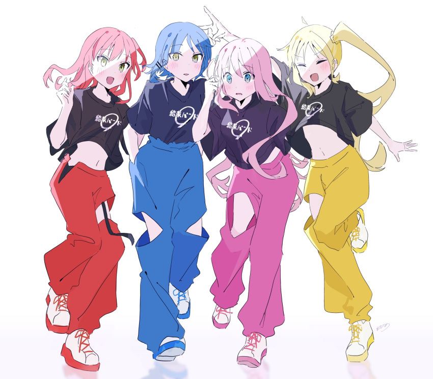 4girls black_shirt blue_eyes blue_hair blue_pants blush bocchi_the_rock! closed_eyes cube_hair_ornament full_body gotou_hitori green_eyes hair_between_eyes hair_ornament highres ijichi_nijika kita_ikuyo long_hair multiple_girls one_side_up open_mouth pants pink_hair pink_pants red_hair red_pants shirt shoes short_hair short_sleeves signature simple_background smile sutera_sea white_background white_footwear yamada_ryou yellow_eyes yellow_pants