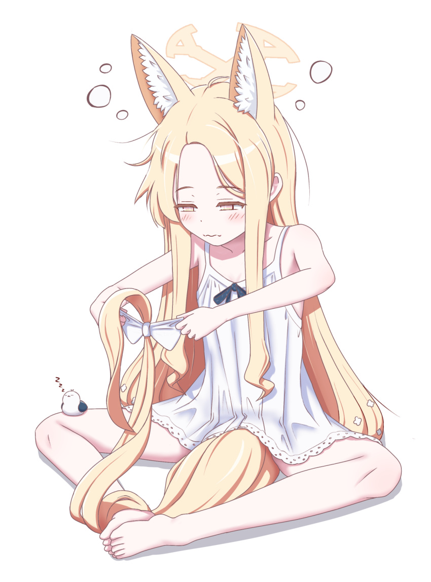 1girl animal_ear_fluff animal_ears bare_arms bare_legs barefoot between_legs blonde_hair blue_archive blue_bow blush bow bright_pupils camisole commentary_request depaken feet forehead fox_ears full_body highres long_hair messy_hair narrowed_eyes parted_bangs seia_(blue_archive) simple_background sitting sleep_bubble slit_pupils solo tail tail_between_legs tail_bow tail_ornament tit_(bird) toes very_long_hair waking_up wavy_mouth white_background white_camisole white_pupils yellow_eyes zzz