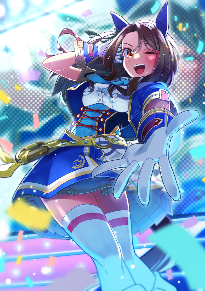 1girl absurdres animal_ears blue_jacket blue_necktie blush brown_hair cropped_jacket ear_covers freely2327 glorious_azure_costume_(umamusume) gloves hair_between_eyes hand_up highres horse_ears horse_girl idol jacket king_halo_(umamusume) long_hair necktie open_mouth reaching reaching_towards_viewer screen_zoom short_sleeves smile solo stage stage_lights teeth thighhighs umamusume upper_teeth_only wavy_hair white_gloves white_thighhighs