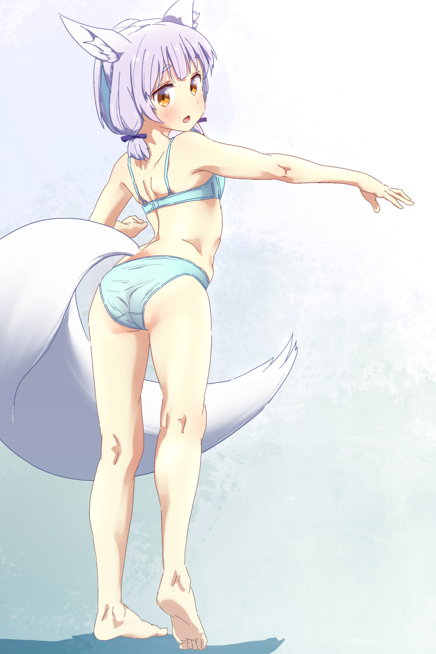 1girl absurdres animal_ear_fluff animal_ears ass back bare_arms bare_legs barefoot blue_bra blue_hair blue_panties blunt_bangs blush bow bra brown_eyes commentary fox_ears fox_girl fox_tail from_behind full_body gradient_background hair_bow highres light_blue_background looking_at_viewer looking_back machikado_mazoku oekakiism open_mouth outstretched_arm panties purple_bow riko_(machikado_mazoku) short_eyebrows short_hair simple_background solo standing tail thighs underwear underwear_only white_background
