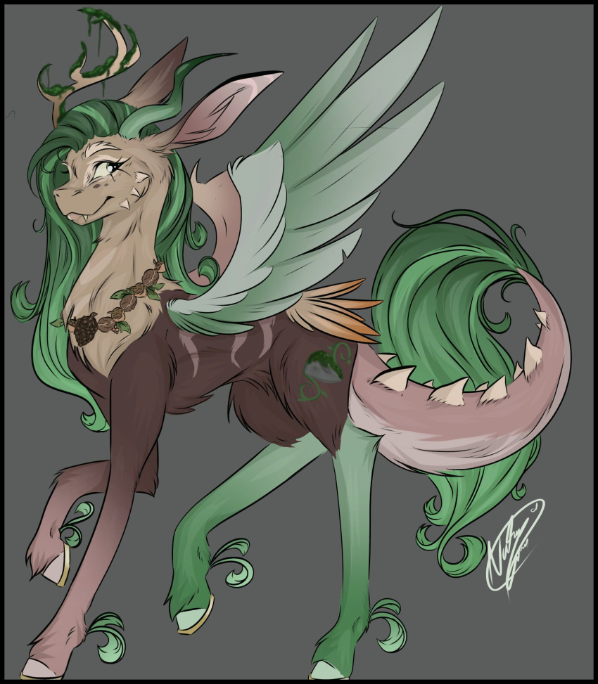 2023 ambiguous_gender antlers black_border black_eyelashes border brown_body brown_ears brown_fur brown_inner_ear chimera cutie_mark discord_(mlp) draconequus equid equine eyebrows feathers feral fluffyfoxarts fluttershy_(mlp) friendship_is_magic fur fusion gold_horseshoe green_body green_eyes green_feathers green_fur green_hair green_hooves green_horn green_mane green_wings grey_background hair hasbro hi_res hooves horn horseshoe hybrid jewelry leaf looking_aside mammal mane moss mouth_closed multicolored_body multicolored_fur my_little_pony necklace pegasus plant side_view signature simple_background snaggle_tooth solo standing tan_antlers tan_body tan_feathers tan_fur tan_hooves tan_wings teeth white_eyebrows wings yellow_body yellow_feathers