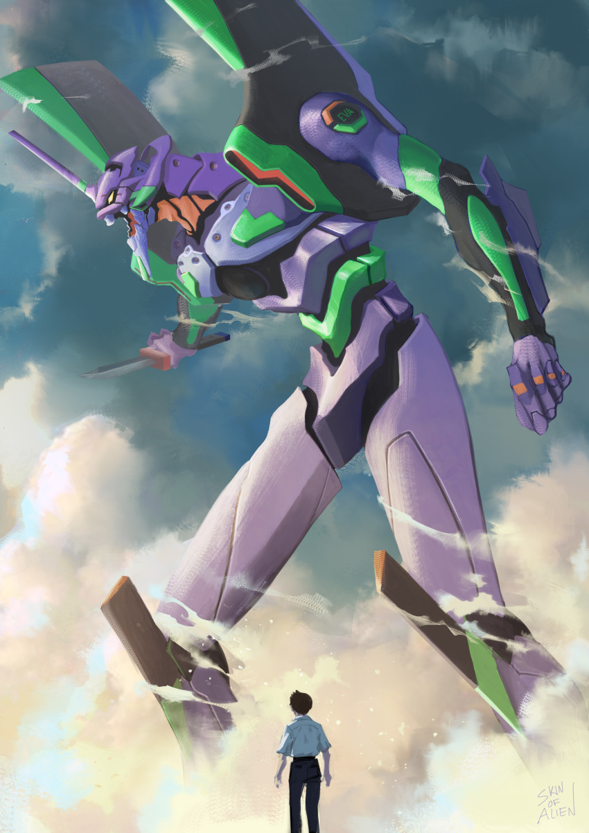 absurdres black_pants cloud cloudy_sky eva_01 highres holding holding_knife ikari_shinji knife mecha neon_genesis_evangelion open_mouth pants robot school_uniform shirt size_difference skinofalien sky standing tokyo-3_middle_school_uniform white_shirt