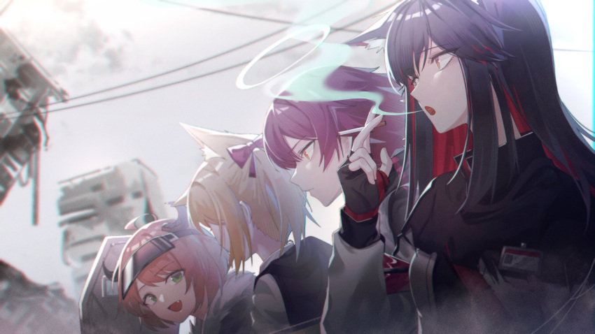 4girls :d absurdres ahoge animal_ear_fluff animal_ears arknights between_fingers black_capelet black_gloves black_hair black_headwear black_vest blonde_hair blurry blurry_background bow capelet cat_ears cigarette closed_mouth commentary_request croissant_(arknights) depth_of_field exusiai_(arknights) fang fingerless_gloves gloves green_eyes hair_between_eyes hair_bow highres holding holding_cigarette horns jacket long_hair long_sleeves multicolored_hair multiple_girls orange_eyes orange_hair puffy_long_sleeves puffy_sleeves purple_bow purple_hair red_hair ruins shirt smile smoke smoking sora_(arknights) sye texas_(arknights) twintails two-tone_hair vest visor_cap white_jacket white_shirt