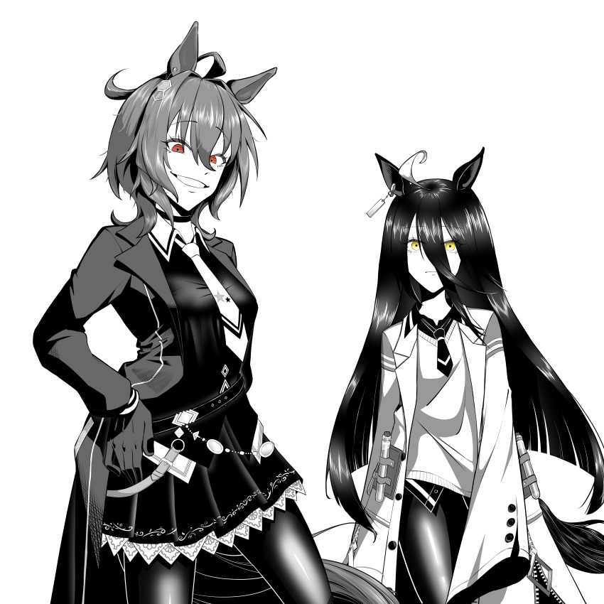 2girls absurdres agnes_tachyon_(umamusume) agnes_tachyon_(umamusume)_(cosplay) ahoge animal_ears belt biting_own_lip blunt_ends breast_envy brown_eyes coat commentary cosplay costume_switch cowboy_shot earrings greyscale grin hair_between_eyes hand_on_own_hip highres horse_ears horse_girl huge_ahoge jewelry korean_commentary lab_coat long_bangs long_hair long_sleeves looking_at_viewer manhattan_cafe_(umamusume) manhattan_cafe_(umamusume)_(cosplay) medium_hair messy_hair monochrome multicolored_hair multiple_girls necktie open_clothes open_coat pantyhose potato_(sphope) short_necktie simple_background single_earring skirt sleeves_past_fingers sleeves_past_wrists smile spot_color sweater test_tube umamusume white_background yellow_eyes zipper zipper_pull_tab