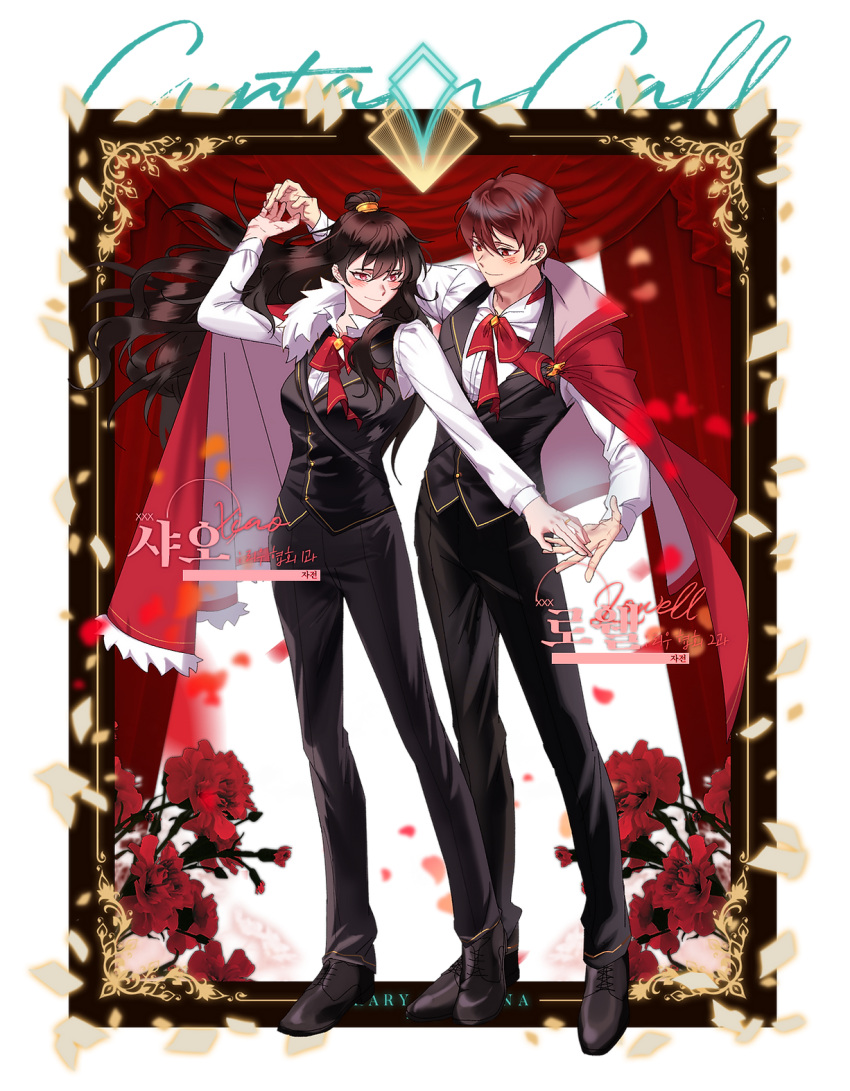 1boy 1girl black_footwear black_pants black_vest bow bowtie brown_hair cape character_name closed_mouth collared_shirt full_body gold_trim hair_bun highres holding_hands jajeon_liu library_of_ruina long_hair lowell_(library_of_ruina) pants project_moon red_bow red_bowtie red_cape red_eyes red_hair shirt shoes sidelocks smile standing transparent_background very_long_hair vest white_shirt xiao_(library_of_ruina)