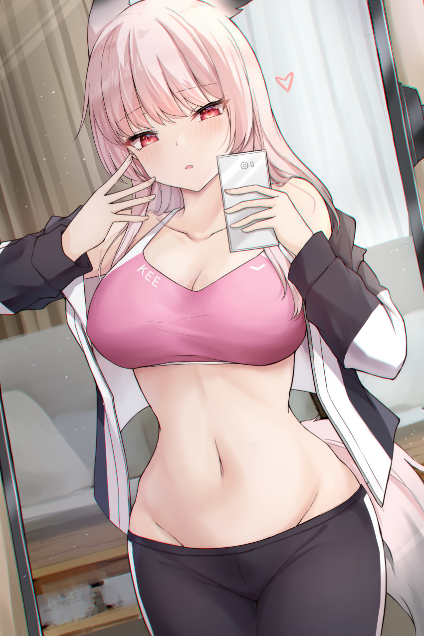 1girl absurdres animal_ears arknights bare_shoulders black_pants breasts cellphone cleavage commentary_request cowboy_shot crop_top fox_ears fox_tail frostleaf_(arknights) groin hands_up heart highres holding holding_phone indoors jacket large_breasts leggings long_hair long_sleeves looking_at_viewer mango_(mgo) midriff navel off_shoulder open_clothes open_jacket pants parted_lips phone pink_hair red_eyes smartphone solo sports_bra standing stomach tail