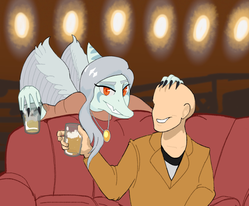2023 alcohol amber_eyes anon_(snoot_game) anthro bald beer beverage claws detailed_background digital_drawing_(artwork) digital_media_(artwork) dinosaur duo eyelashes fang_(gvh) feathered_wings feathers female fingers goodbye_volcano_high grey_body grey_scales hair hi_res human inside jewelry light-skinned_male light_body light_skin long_hair male mammal necklace pterodactylus pterosaur reptile scales scalie silver_hair sitting smile snoot_game_(fan_game) unknown_artist wings