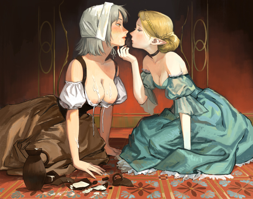 2girls absurdres alternate_costume aqua_dress arm_support bare_shoulders blue_dress blush bodice braid braided_bun breasts breasts_out broken brown_eyes brown_skirt carpet chin_strap choker cleavage cocointhejar commentary cross-laced_clothes cross-laced_top crown_braid detached_sleeves dirndl dress dungeon_meshi elf english_commentary enmaided eye_contact eyelashes falin_thorden german_clothes grey_hair hair_bun half-closed_eyes half_updo hand_on_another's_chin hand_up headdress highres imminent_kiss indoors jar large_breasts leaning_forward leaning_on_person leaning_to_the_side looking_at_another maid maid_headdress marcille milk multiple_girls nipples off-shoulder_shirt off_shoulder on_floor parted_lips pointy_ears profile puffy_short_sleeves puffy_sleeves reaching red_background shirt short_hair short_sleeves single_hair_bun sitting skirt small_breasts suggestive_fluid updo wall wet white_headwear white_shirt yokozuwari yuri