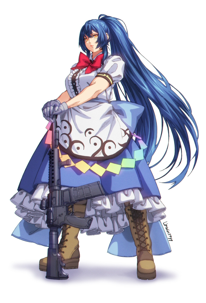 1girl absurdres assault_rifle bad_gun_anatomy blue_hair blue_skirt bow bowtie brown_footwear center_frills closed_mouth commentary commission cosplay cross-laced_footwear english_commentary frills full_body gloves grey_gloves gun highres hinanawi_tenshi hinanawi_tenshi_(cosplay) long_hair looking_at_viewer orange_eyes petticoat ponytail rainbow_order red_bow red_bowtie rifle signature simple_background skirt solo standing touhou ultragruntyy very_long_hair virtual_youtuber weapon white_background