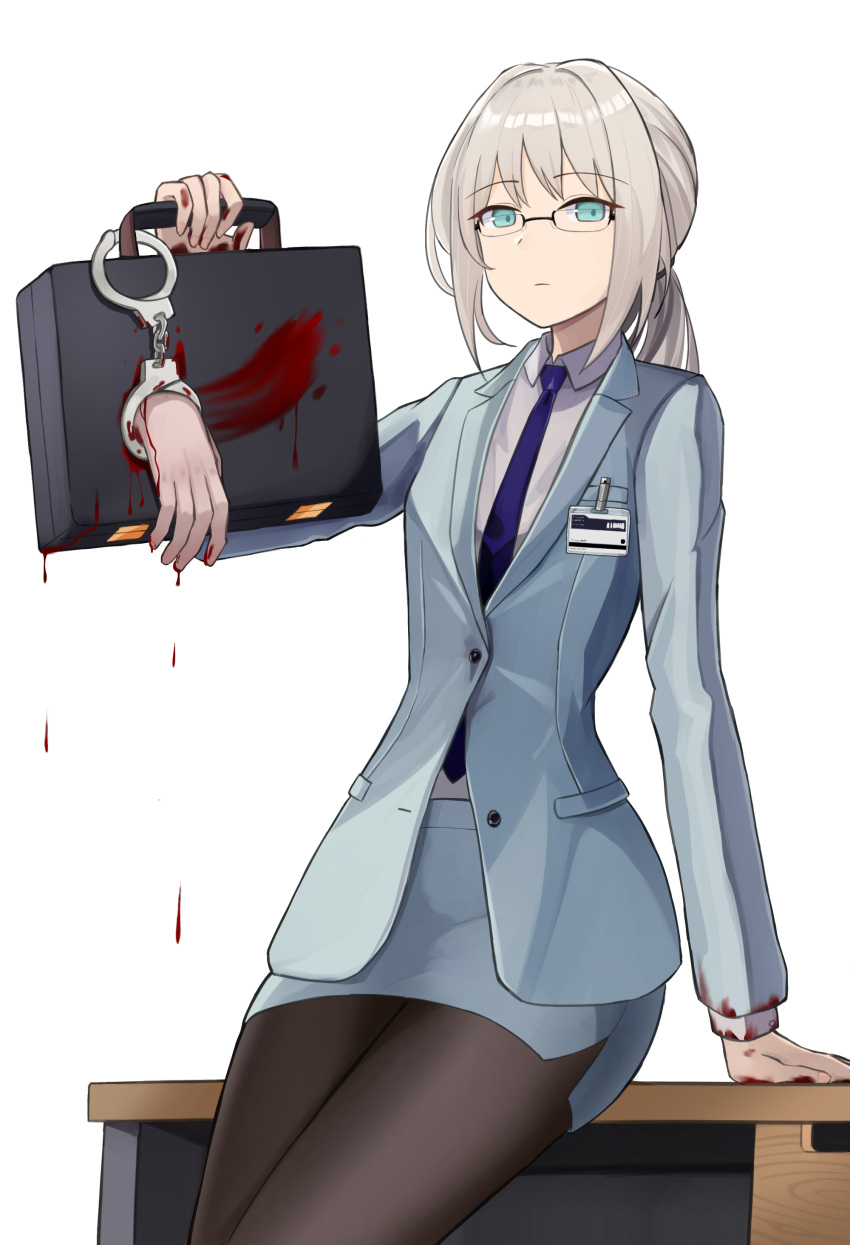 1girl absurdres an-94_(girls'_frontline) aqua_eyes aqua_jacket bespectacled black_pantyhose blonde_hair blood blood_drip blood_on_clothes blood_on_hands blood_stain blue_eyes blue_necktie briefcase business_suit closed_mouth commentary commission cowboy_shot cuffs dismemberment expressionless gamryous girls'_frontline glasses handcuff_dangle handcuffs highres holding holding_briefcase jacket leaning_on_object long_sleeves looking_at_viewer necktie over-rim_eyewear pantyhose pixiv_commission ponytail semi-rimless_eyewear severed_hand sidelocks simple_background solo suit table when_you_see_it white_background