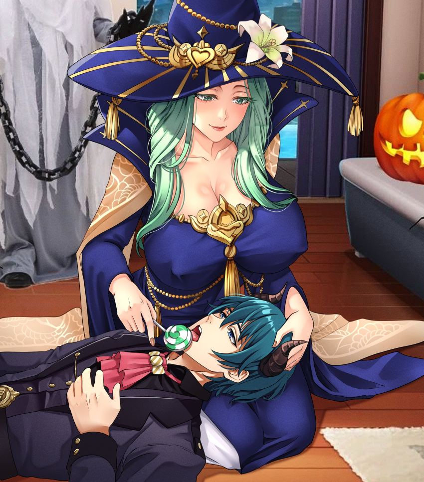 1boy 1girl absurdres blue_hair breasts byleth_(fire_emblem) byleth_(male)_(fire_emblem) byleth_(male)_(halloween)_(fire_emblem) candy cleavage covered_nipples feeding fire_emblem fire_emblem:_three_houses fire_emblem_heroes food green_hair halloween halloween_costume hat highres jack-o'-lantern kerana_art lap_pillow large_breasts lollipop mature_female official_alternate_costume rhea_(fire_emblem) rhea_(halloween)_(fire_emblem) smile witch_hat