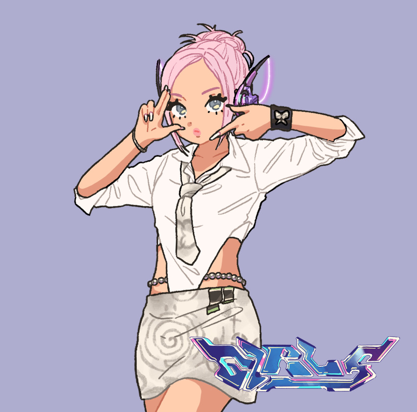 1girl aespa animification black_wristband collared_shirt grey_necktie grey_skirt guriming hair_bun highres k-pop looking_at_viewer necktie ningning_(aespa) pink_hair pink_lips purple_eyes real_life robot_ears shirt single_hair_bun skirt solo song_name waist_cutout white_shirt