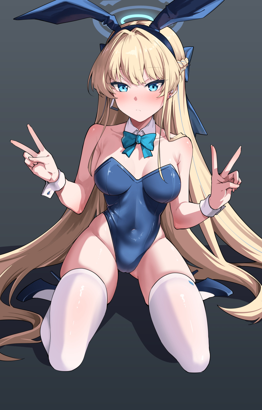 1girl absurdres animal_ears bare_shoulders blonde_hair blue_archive blue_bow blue_eyes blue_hairband blue_leotard bow bowtie braid breasts chubb closed_mouth covered_navel detached_collar double_v fake_animal_ears full_body hairband halo highleg highleg_leotard highres kneeling leotard long_hair medium_breasts official_alternate_costume official_alternate_hairstyle playboy_bunny rabbit_ears solo thighhighs thighs toki_(blue_archive) toki_(bunny)_(blue_archive) v very_long_hair white_thighhighs wrist_cuffs