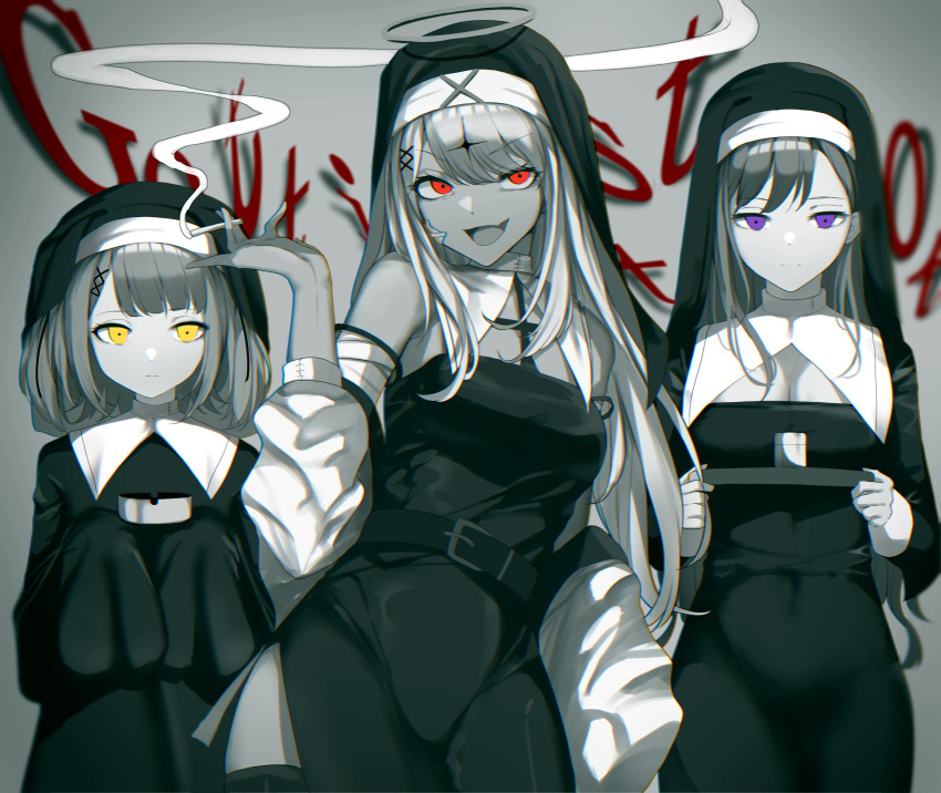 3girls ashtray bandage_on_face bandages bare_shoulders belt breasts cigarette cleavage contrapposto covered_navel cowboy_shot dark-skinned_female dark_skin detached_sleeves expressionless habit hair_ornament halo highres holding holding_cigarette holding_tray kairi_(miry666) kaminari_qpi kamippoina_(vocaloid) long_hair medium_breasts multiple_girls nun open_mouth purple_eyes red_eyes shinomiya_runa side_slit sleeves_past_fingers sleeves_past_wrists smile smoke spot_color swept_bangs thighhighs tray v-shaped_eyebrows very_long_hair virtual_youtuber vspo! x_hair_ornament yakumo_beni yellow_eyes