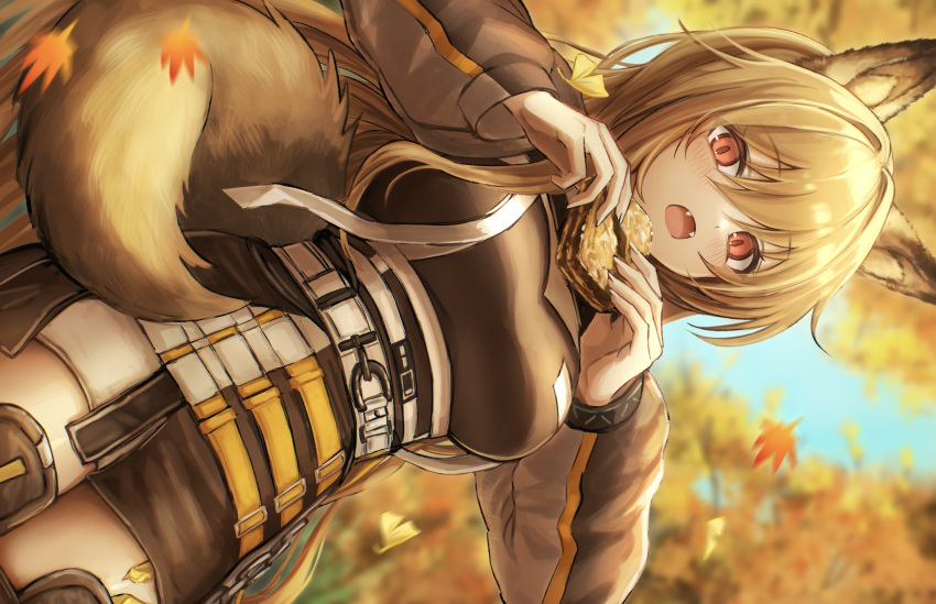 1girl 3_(sanyako1) absurdres animal_ears arknights autumn_leaves baklava black_dress boots brown_hair ceobe_(arknights) dog_ears dog_girl dress eating fangs food hair_intakes highres holding holding_food jacket long_hair long_sleeves looking_at_viewer multicolored_clothes multicolored_jacket open_mouth outdoors red_eyes solo thigh_boots two-tone_jacket