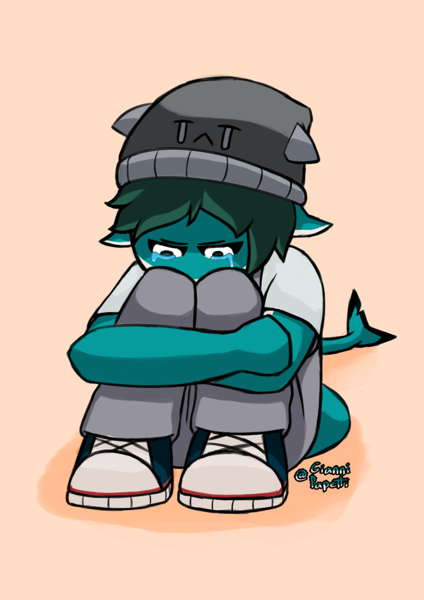 anthro beanie bodily_fluids clothed clothing countershading crying digital_drawing_(artwork) digital_media_(artwork) female fish giannipapetti green_hair hair hat headgear headwear hi_res looking_down marine multicolored_body piper_(giannipapetti) requiem_shark sad shark signature simple_background solo teal_body tears