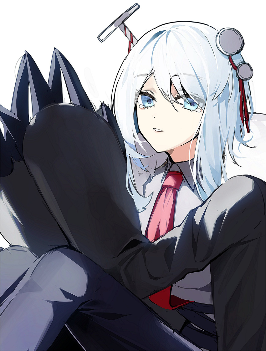 1girl black_coat black_pants blue_eyes claws coat collared_shirt e.g.o_(project_moon) faust_(limbus_company) fur_collar hi_i_dubu highres limbus_company long_hair nail necktie pants parted_lips paw_sleeves project_moon red_necktie red_ribbon ribbon shirt simple_background solo tearing_up white_background white_hair white_shirt