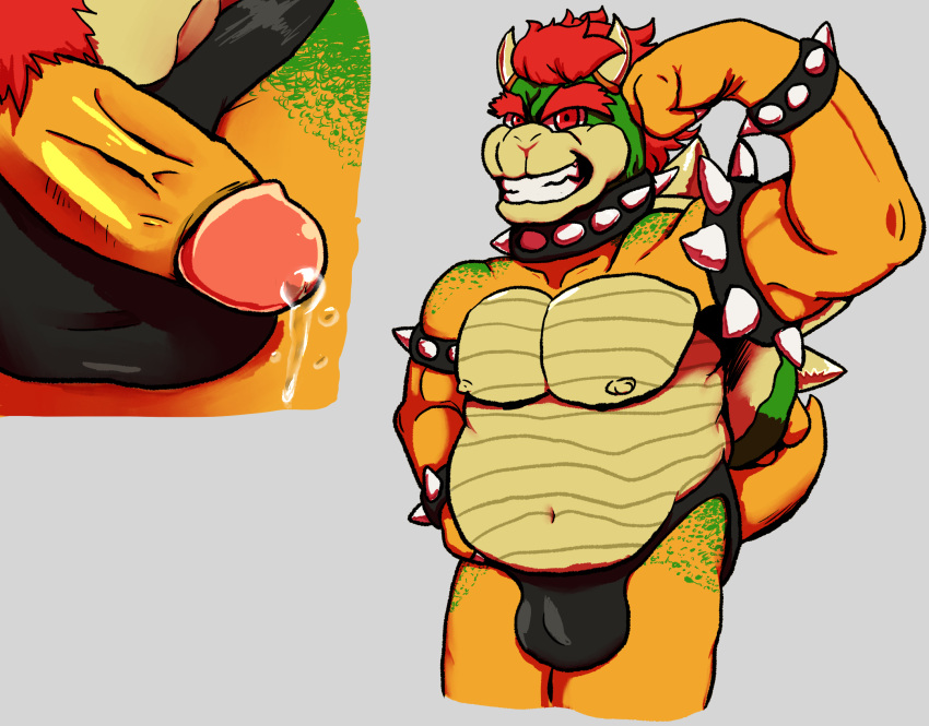 anthro bodily_fluids bowser genital_fluids genitals hi_res leaking_precum male mario_bros momoskinks muscular navel nintendo nipples penis precum reptile scalie solo turtle