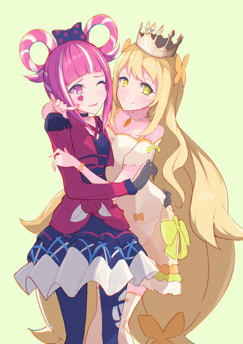 2girls absurdres black_gloves blonde_hair blunt_bangs butterfly_hair_ornament celine_(fire_emblem) cheek_poking crown dress facial_mark fire_emblem fire_emblem_engage gloves hair_ornament hair_rings hand_around_waist heart heart_facial_mark highres hortensia_(fire_emblem) hug jewelry long_hair long_sleeves looking_at_viewer multicolored_hair multiple_girls necklace official_alternate_costume pantyhose pink_eyes pink_hair poking short_hair short_sleeves skirt smile thighhighs two-tone_hair user_gkfz3337 very_long_hair white_hair yellow_background yellow_dress yellow_eyes