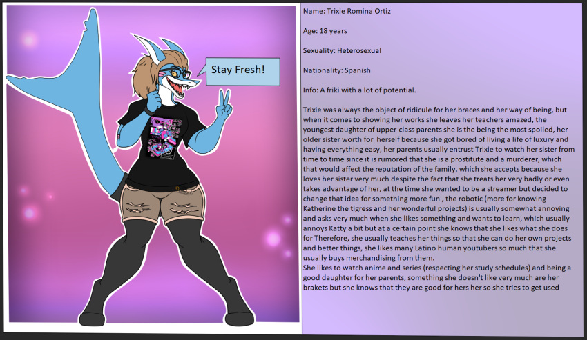 anthro bottomwear bracelet braces clothed clothing dialogue eyewear female fish flat_colors glasses hi_res information_box jewelry looking_at_viewer marine photolol.03 shark shorts simple_background solo text trixie_(photolol.03)