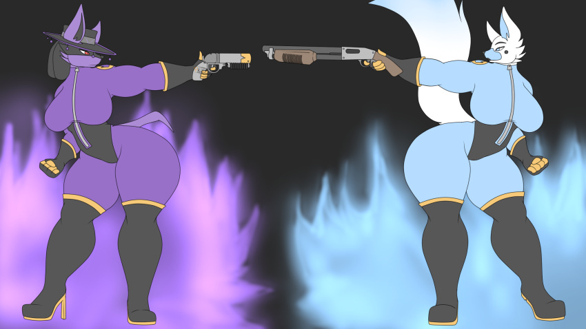 aiming anthro big_breasts big_butt boots breasts butt canid canine canis clothed clothing duo female fempyro flat_colors footwear fox generation_4_pokemon gun hat headgear headwear hi_res looking_at_another lucario mammal nintendo photolol.03 pokemon pokemon_(species) ranged_weapon shotgun simple_background team_fortress_2 thick_thighs valve weapon wide_hips
