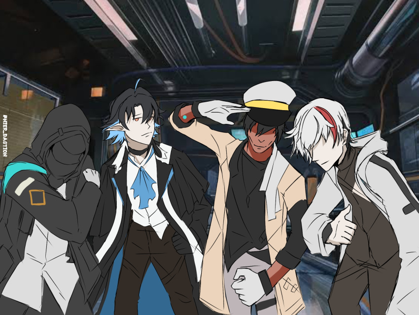 4boys arknights black_shirt coat dark-skinned_male dark_skin doctor_(arknights) elysium_(arknights) feather_hair fish_boy hat highres hood hood_up hooded_coat hooded_jacket jacket lumen_(arknights) meme multiple_boys parody salute shirt thorns_(arknights) white_coat white_hair white_jacket