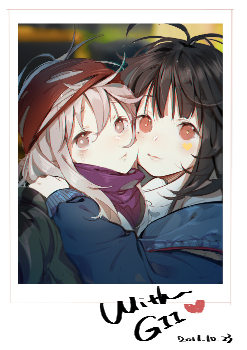 2girls absurdres bandana black_hair blue_jacket blush brown_eyes c-ms_(girls'_frontline) character_name cheek-to-cheek closed_mouth commentary dated dress eighth_note english_commentary g11_(girls'_frontline) girls'_frontline green_jacket grey_hair hair_between_eyes heads_together heart highres hug jacket light_smile lips long_hair long_sleeves looking_at_viewer messy_hair mole mole_under_eye multiple_girls musical_note off_shoulder photo_(object) purple_scarf red_bandana red_eyes scarf shirt sparkle turtleneck_dress white_dress white_shirt xiao_chichi