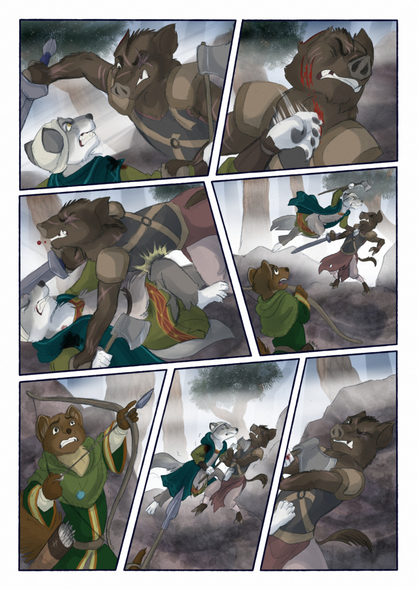 2021 ambiguous_gender anthro arrow_(weapon) axe biped bjekkergauken blood bodily_fluids bow_(weapon) brown_body brown_fur brown_tail canid canine canis clothed clothing colored comic fight fur grey_body grey_fur group gulonine herja_(bjekkergauken) hi_res male mammal marten melee_weapon mustelid musteline outside pine_marten plant ranged_weapon scar scratching shirin_(bjekkergauken) suid suina sus_(pig) sword tail tree trio weapon wild_boar wolf