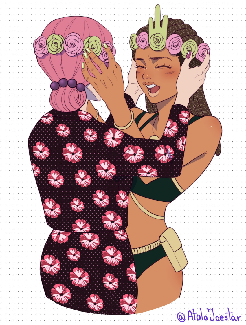 1boy 1girl absurdres alternate_hairstyle arm_tattoo atalajoestar bikini black_bikini black_hair blush brown_hair dark-skinned_male dark_skin dragona_joestar dreadlocks floral_print flower green_nails hair_bobbles hair_bun hair_ornament hands_on_another's_face head_wreath hibiscus highres hirose_yasuho jojo_no_kimyou_na_bouken otoko_no_ko pink_hair red_nails single_hair_bun swimsuit tattoo the_jojolands