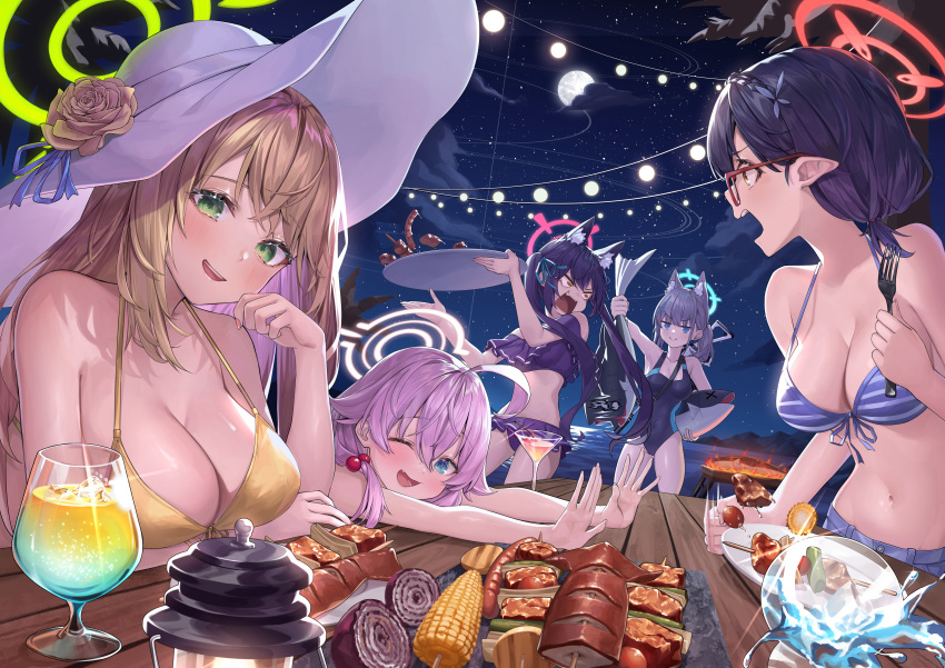 5girls absurdres ahoge animal_ears ayane_(blue_archive) ayane_(swimsuit)_(blue_archive) bare_arms bare_legs bare_shoulders bikini black_hair black_one-piece_swimsuit blue_archive blue_eyes blue_halo breasts cat_ears cleavage closed_mouth competition_swimsuit corn food foreclosure_task_force_(blue_archive) frilled_bikini frills glasses green_eyes green_halo grey_hair halo hat highres hoshino_(blue_archive) hoshino_(swimsuit)_(blue_archive) ikayaki large_breasts light_brown_hair long_hair medium_breasts medium_hair multiple_girls nanaomi_(ryniix) navel nonomi_(blue_archive) nonomi_(swimsuit)_(blue_archive) official_alternate_costume one-piece_swimsuit one_eye_closed open_mouth pink_hair pink_halo pointy_ears red-framed_eyewear red_halo sausage serika_(blue_archive) serika_(swimsuit)_(blue_archive) shiroko_(blue_archive) shiroko_(swimsuit)_(blue_archive) short_hair small_breasts smile striped striped_bikini swimsuit white_headwear wolf_ears yellow_bikini