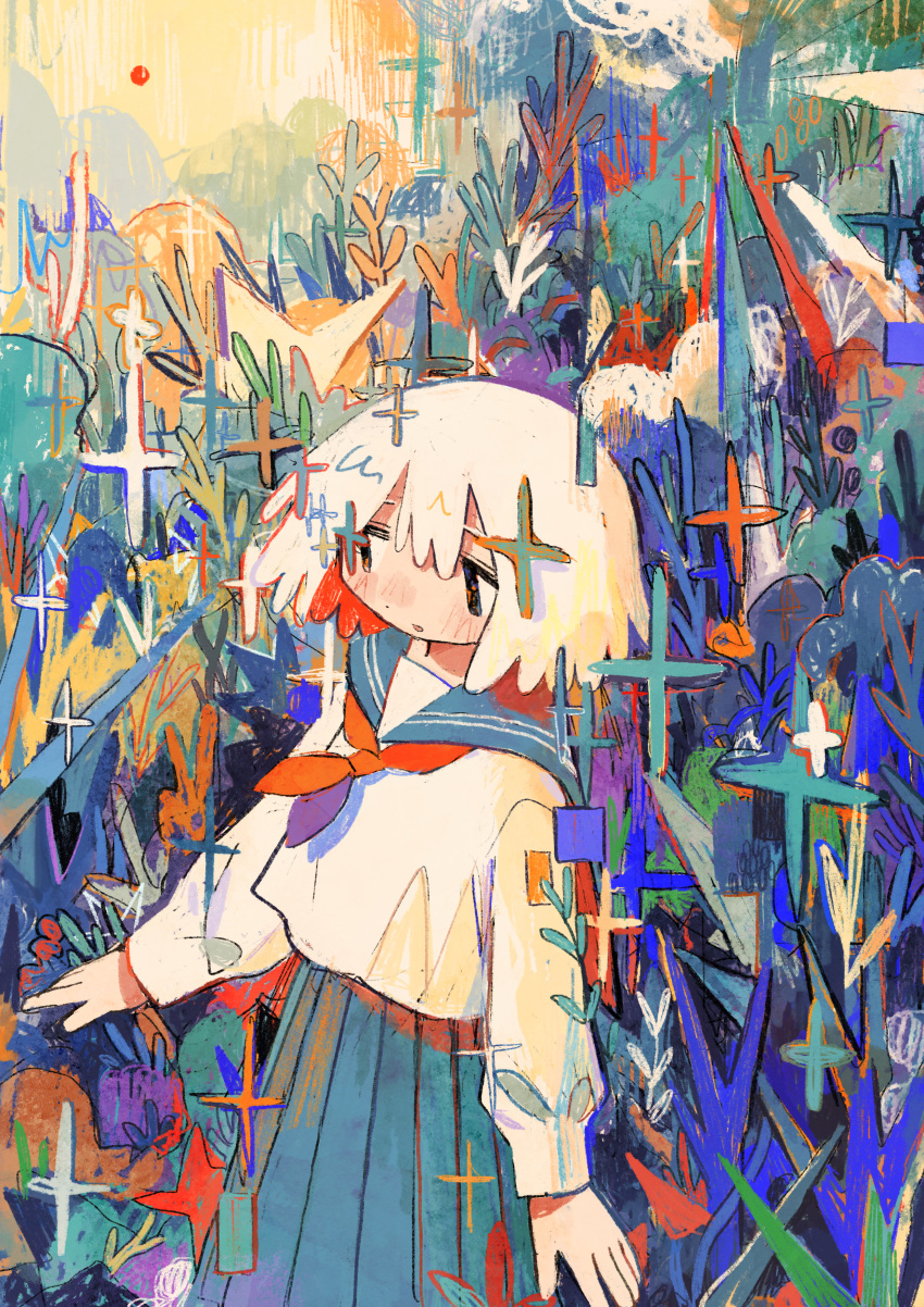 1girl abstract_background absurdres commentary_request coral cowboy_shot grey_sailor_collar grey_skirt highres long_sleeves mamei_mema neckerchief original pleated_skirt red_neckerchief sailor_collar sailor_shirt school_uniform serafuku shirt short_hair skirt solo sparkle standing tareme white_hair white_shirt