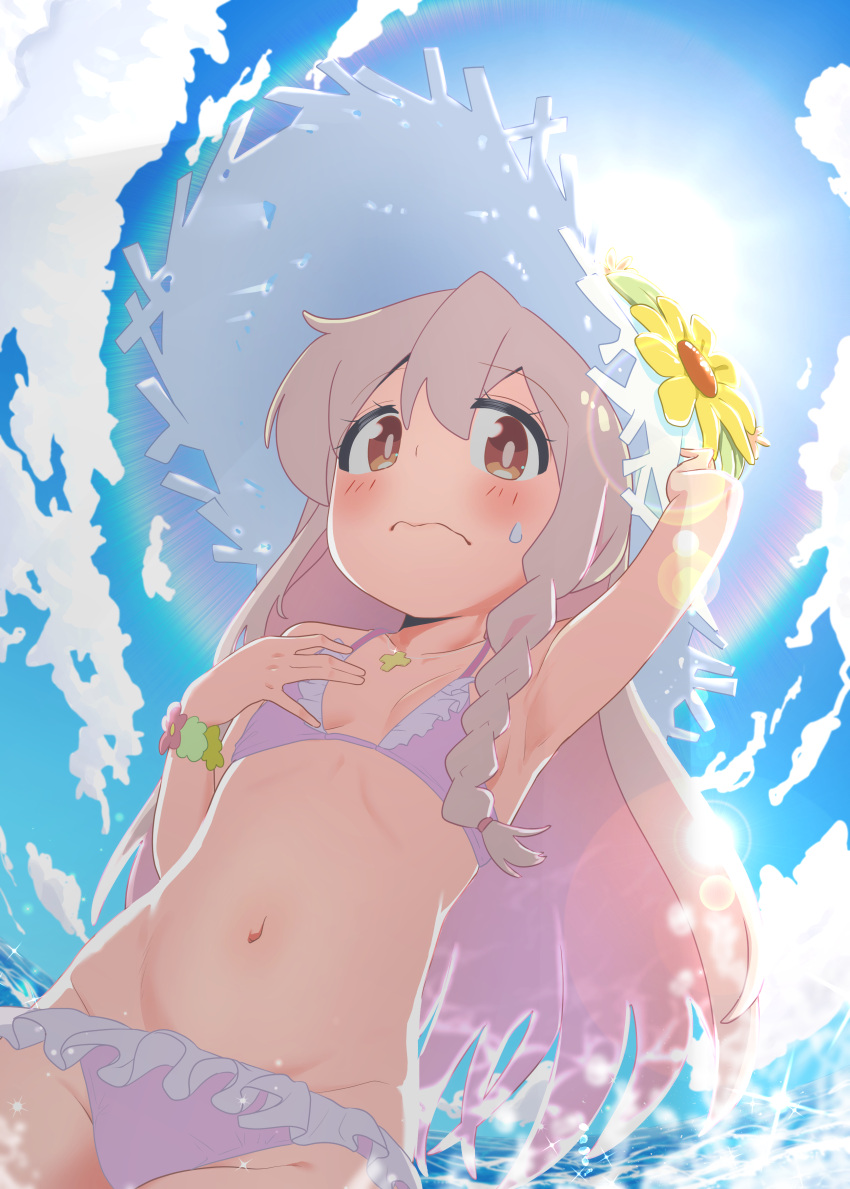 absurdres arm_up armpits bikini blush braid breasts bright_pupils brown_eyes colored_inner_hair day flower from_below grey_hair hat hat_flower highres lens_flare long_hair looking_at_viewer multicolored_hair navel onii-chan_wa_oshimai! outdoors oyama_mahiro pink_bikini pink_eyes scrunchie shiina_excel side_braid small_breasts standing stomach summer sun sun_hat sunflower sunlight sweatdrop swimsuit very_long_hair wavy_mouth white_headwear wrist_scrunchie