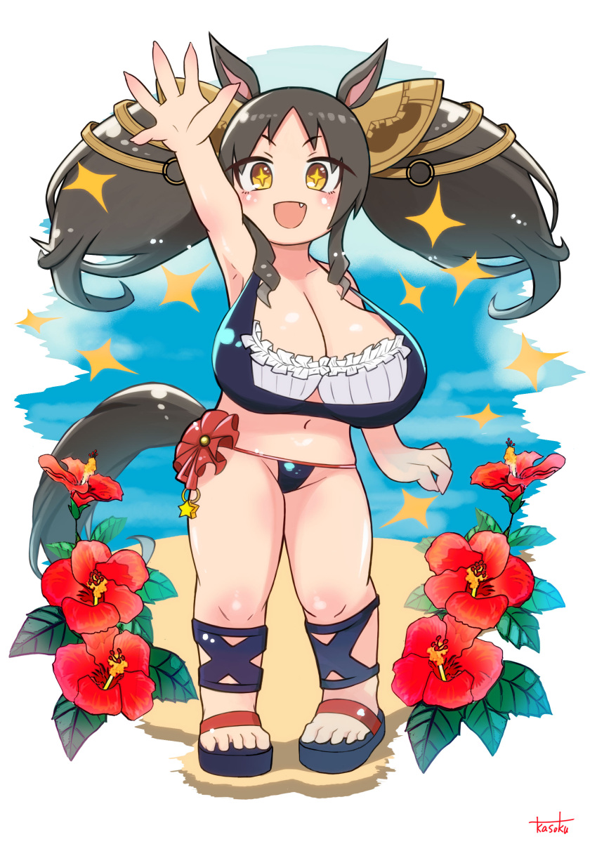 +_+ 1girl absurdres animal_ears black_hair breasts ear_covers ear_ornament ear_scrunchie hair_ornament highres horse_ears horse_girl horse_tail horseshoe_ornament huge_breasts large_breasts long_hair looking_at_viewer marvelous_sunday_(umamusume) open_mouth oppai_loli smile solo swimsuit tail twintails umamusume
