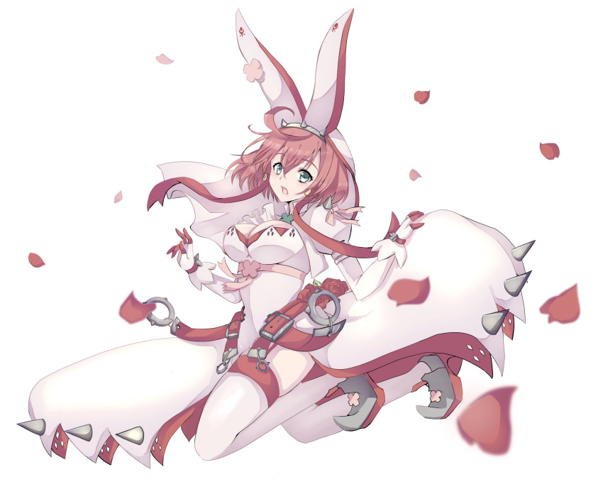 1girl ahoge aqua_eyes bracelet breasts bridal_veil cleavage_cutout clothing_cutout clover dress elphelt_valentine four-leaf_clover gloves guilty_gear guilty_gear_xrd hairband highres huge_ahoge jewelry juliet_sleeves kinoko5656 large_breasts long_sleeves looking_at_viewer medium_hair open_mouth petals pink_hair puffy_sleeves rose_petals short_hair spiked_bracelet spiked_hairband spikes thighhighs veil wedding_dress white_dress white_gloves white_thighhighs