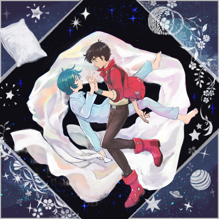 2boys barefoot basket belt blanket blue_eyes blue_hair blue_pants blue_shirt boots brown_belt brown_hair brown_pants closed_mouth collared_shirt empty_eyes eye_contact floating flower from_side full_body green_eyes gundam gundam_zz highres holding holding_blanket holding_hands interlocked_fingers jacket judau_ashta jupiter_(planet) kamille_bidan long_sideburns long_sleeves looking_at_another male_focus messy_hair multiple_boys pants parted_lips pillow red_footwear red_jacket saturn_(planet) shirt short_hair sideburns space star_(sky) star_(symbol) turtleneck udatsu0.i wristband yaoi yellow_shirt