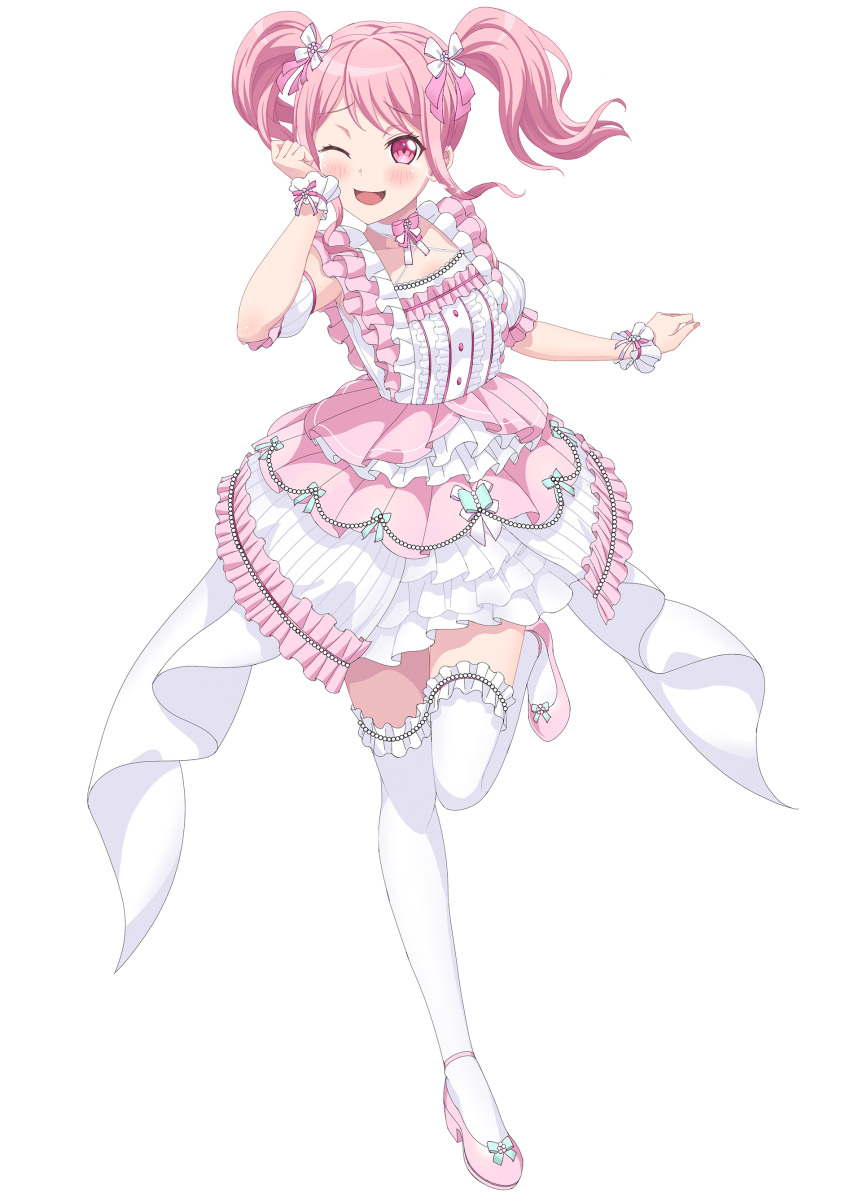 1girl ;d absurdres bang_dream! blush choker crying dress frilled_dress frilled_sleeves frills full_body hair_ornament hair_ribbon highres kneehighs lubarazi maruyama_aya neck_ribbon one_eye_closed open_mouth pink_dress pink_eyes pink_footwear pink_hair ribbon simple_background smile socks solo twintails white_background white_choker white_dress white_socks wrist_cuffs