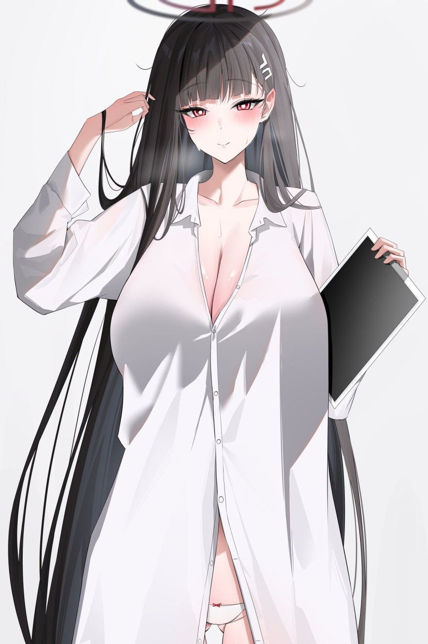 1girl ass_visible_through_thighs black_hair black_halo blue_archive blush breasts bright_pupils cleavage collarbone hair_ornament hairclip halo hand_in_own_hair highres holding holding_tablet_pc huge_breasts long_hair looking_at_viewer loose_clothes loose_shirt nenight oversized_clothes oversized_shirt panties red_eyes rio_(blue_archive) shirt simple_background smile solo suggestive_fluid tablet_pc underwear very_long_hair white_background white_panties white_pupils